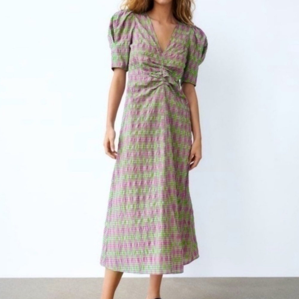 Zara Green Purple Plaid Print PuffBalloon Sleeve Ruched V-Neck MidiDress